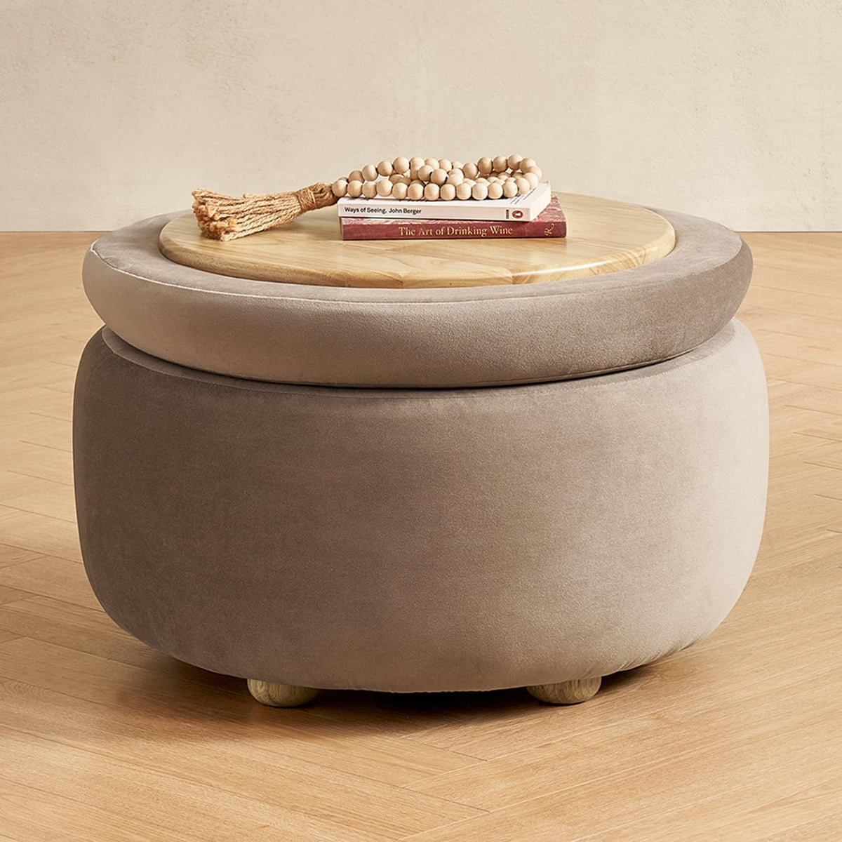 mopio Luna Round Ottoman with Storage and Tray, Round Coffee Table with Storage, Upholstered Foot Stools Ottoman for Living Room, Bedroom, with Solid Rubberwood Legs (Mocha Brown Premium Velvet)