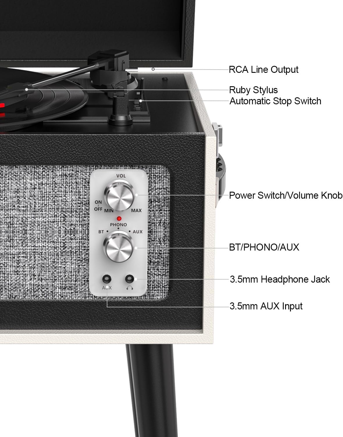 Vintage Standing Black Vinyl Record Player with Detachable Legs, Built-in 4 Speakers, USB to PC Encoding, 33/45/78 RPM LP Player Bluetooth Retro Turntables Support Headphone Jack, RCA Out, AUX in