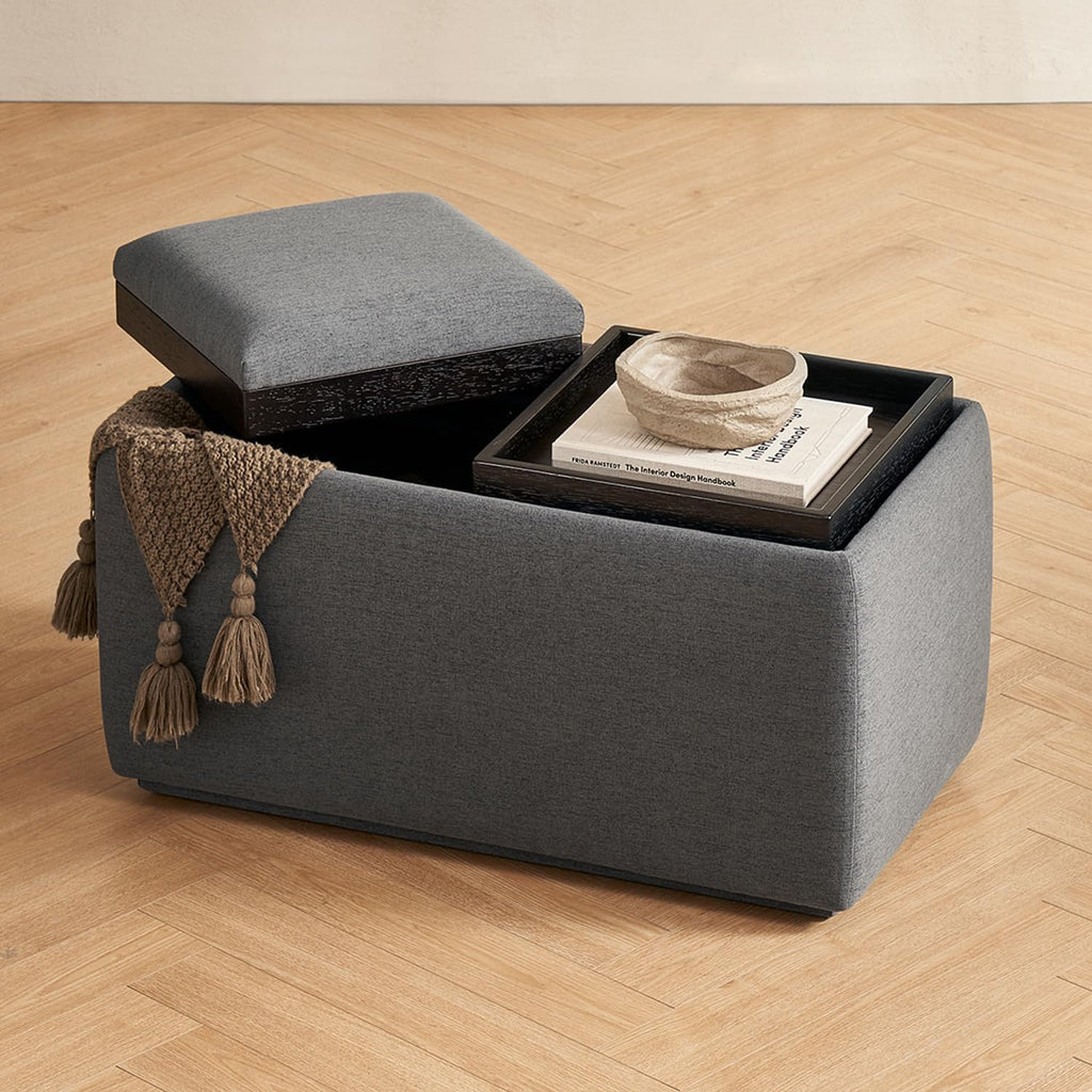 mopio Levi Storage Bench with Reversible Tray, Modern Storage Coffee Table, Bedroom Bench, Rectangular Cube Upholstered Coffee Table Ottoman for Living Room, Bedroom, Entryway (Fabric, Dark Gray)