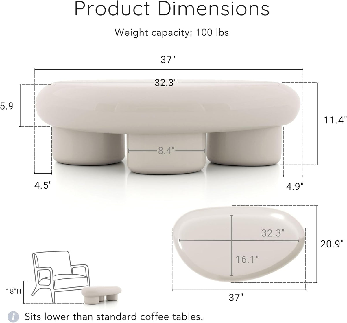 24/7 Shop at Home Kavren Modern 37-inch 2-Piece Oval Glossy Low Profile Coffee Table Set, Stone Shape Living Room Furniture for Small Space, Ivory