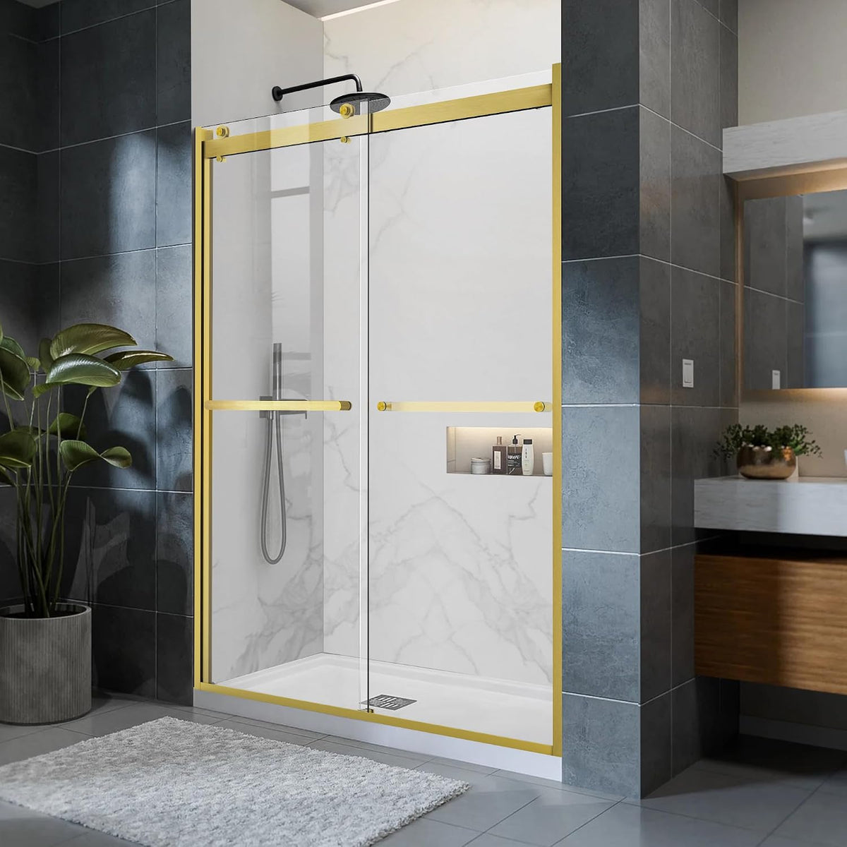 Sliding Shower Door, 48' W x 76' H Semi-Frameless Double Sliding Glass Shower Door with 5/16'' (8mm) Clear ASNI SGCC Tempered Glass, Bypass Shower Enclosure, Brushed Gold
