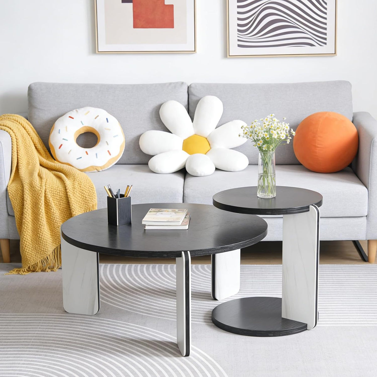 Modern Nesting Coffee Table Set of 2, 2-Piece Modern 32.68' & 16.93' Round Living Table Set with Black Oak Veneer Surface 25mm MDF and White+Black Sintered Stone Legs for Living Room
