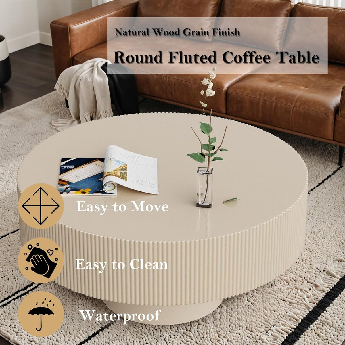 Round Drum Coffee Table 30.9'' Handcraft White Fluted Coffee Table with Sturdy Pedestal, Contemporary Style Small Accent Cocktail Center Tables for Living Room Office (C30.9in)