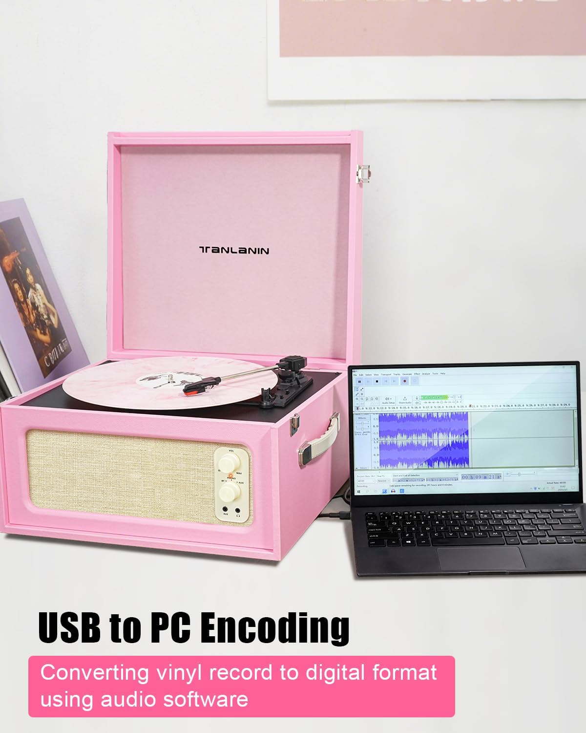 Vintage Standing Pink Vinyl Record Player with Detachable Legs, Built-in 4 Speakers, USB to PC Encoding, 33/45/78 RPM LP Player Bluetooth Retro Turntables Support Headphone Jack, RCA Out, AUX in
