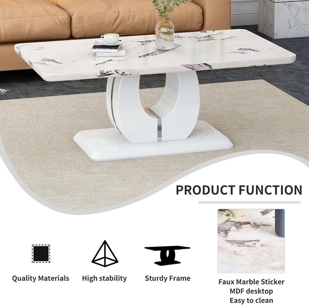 LKTART Rectangle Coffee Table for Living Room, Imitation Marble Coffee Tables with Storage, Modern Stable Base Accent Center Tea Table for Dining Room Small Space Apartment (43.3''L×22.4''H-White)