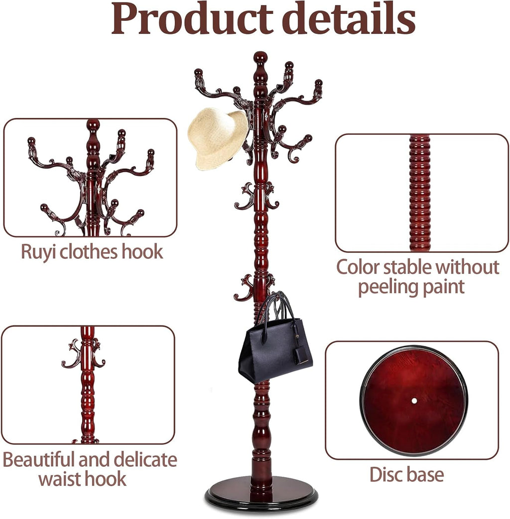 Coat Racks freestanding, High-grade Wooden Tree Coat Rack, Coat Rack Stand With 14 Hooks & Stable Disc Base, For such as coats, jackets, Home Office Hats Tree Hanger (black red)