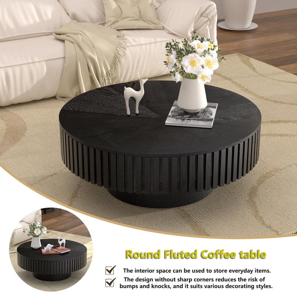 Fluted Round Coffee Table, Modern Wooden Coffee Table with Sturdy Base, Veneer Handcrafted Relief Circle Accent Center Tables for Living Room Apartment Small Space (HS)