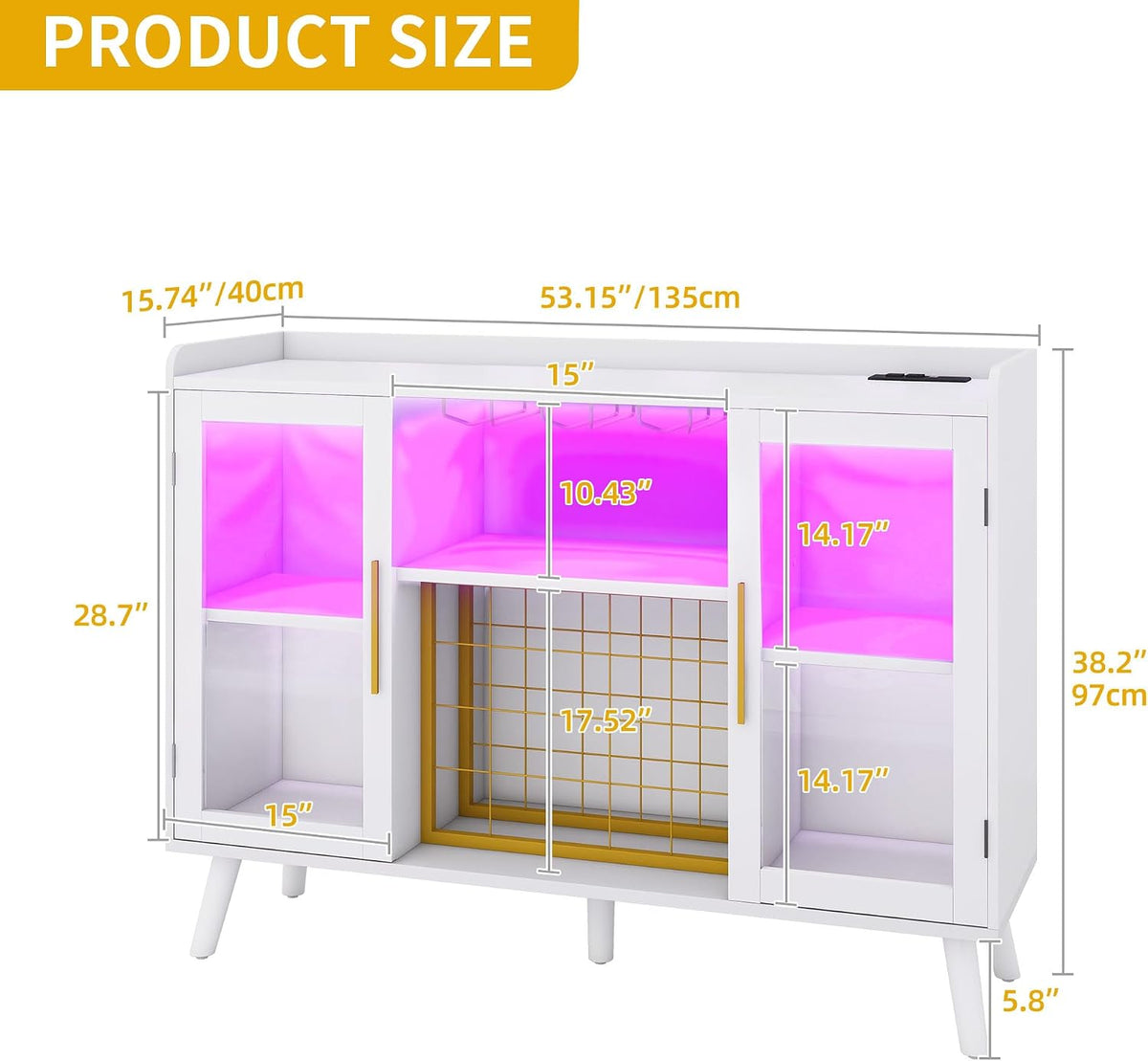 DWVO Wine Bar Cabinet with Led Lights & Power Outlets, 53' Coffee Bar Cabinet for Liquor and Glasses, Modern Buffet Sideboard with Storage for Kitchen, Dining & Living Room, White