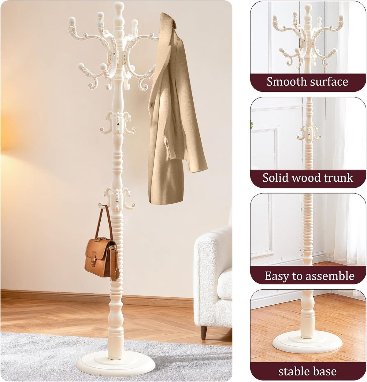 Wooden Vintage Coat Rack Freestanding,Coat Rack Stand With 18 Hooks And Sturdy Round Solid Wood Base，Three-level Adjustable for Bedroom, Living Room, Entrance and Office(Retro White, 1 PCS)