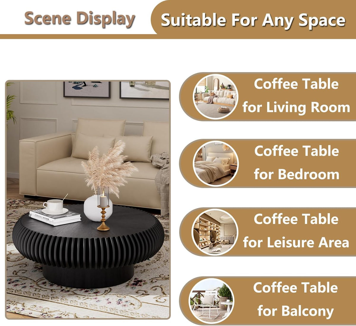 Round Handcraft Fluted Coffee Table with Sturdy Stable Pedestal Modern Luxury Drum Center Table Circle Accent Base Center Tables for Living Room Apartment (N)