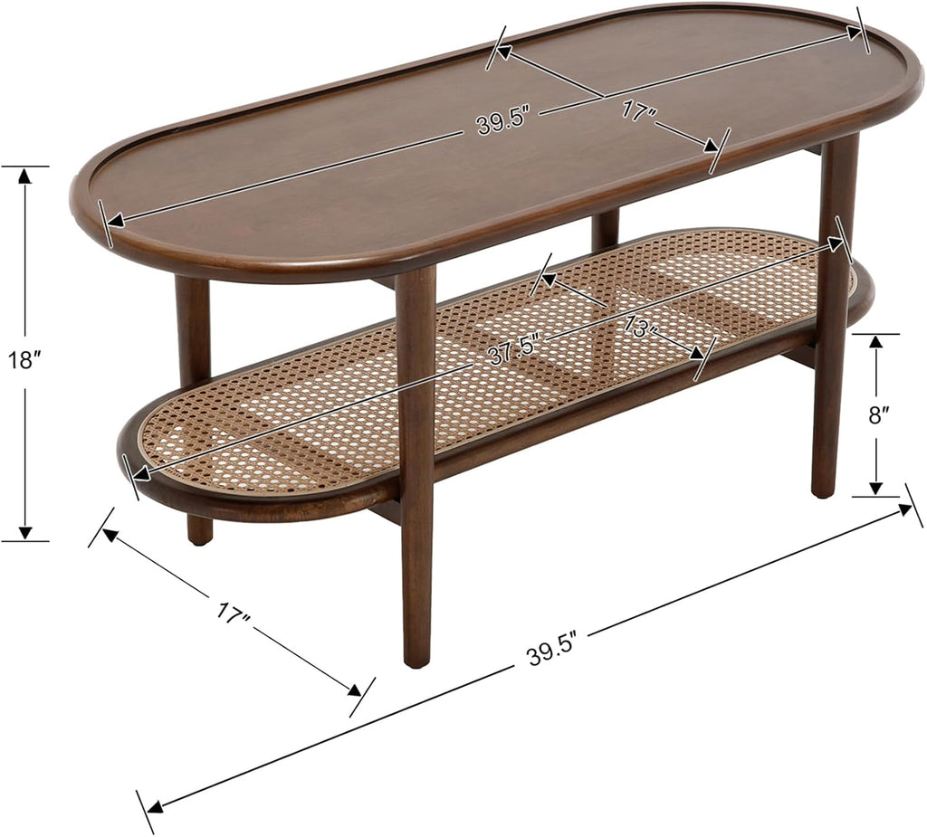 Rattan Wood Mid Century Modern Coffee Table, 39.5' Oval Coffee Table with Cane Wicker Storage Shelf for Living Room, Indoor, Home Décor, Walnut