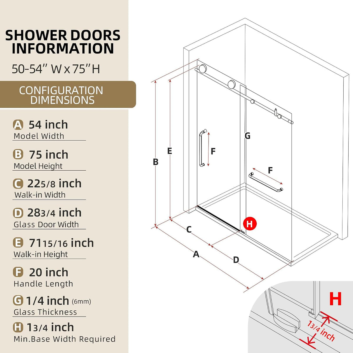 Frameless Shower Door 60' x 75' Single Sliding Shower Door for Walk-in Bathroom Trimmed up 56-60' Width Extra Tall Easy Install Clear Shower Glass Doors in Brushed Gold Stainless Steel Hardware