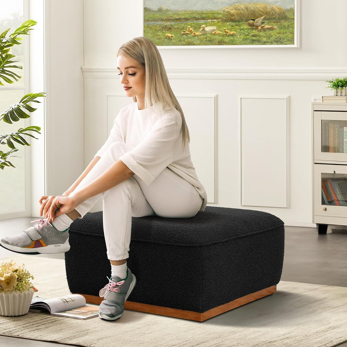 Square Ottoman Coffee Table 30' Premium Fabric upholstered Coffee Table with high Density Foam and Solid Wood Frame, Stylish and Practical Living Room Furniture, Black