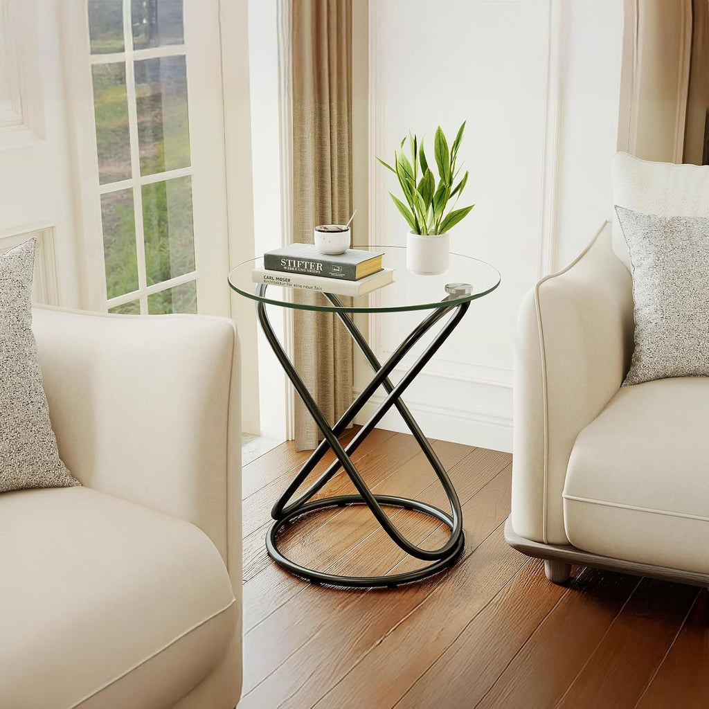 BECHAEO Round Glass End Table Set of 2, 19.7'' Modern Side Table with Tempered Glass Tabletop, Unique Ring-Shaped Frame End Table for Living Room Bedroom