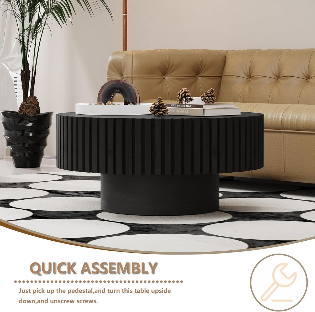 Round Handcraft Fluted Coffee Table with Sturdy Stable Pedestal Modern Luxury Drum Center Table Circle Accent Base Center Tables for Living Room Apartment (F)