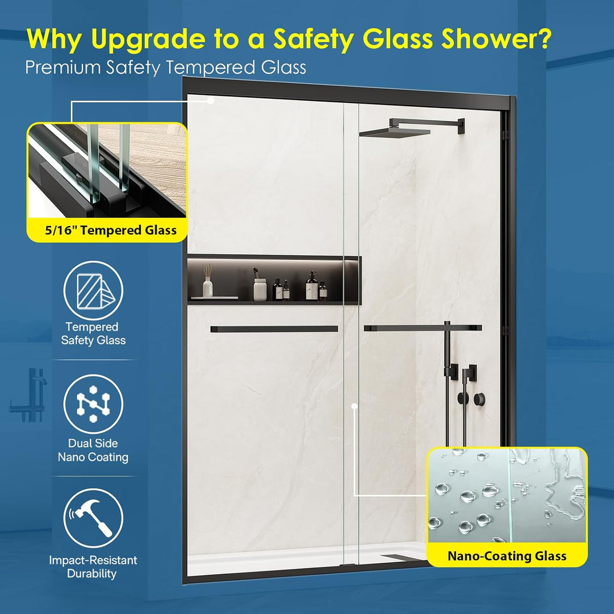 Double Sliding Shower Door 56-60 in. x 76 in., 5/16' (8mm) Tempered Glass, Double Nano Coated Glass, Easy to Clean, Dual Sliding Door for Bathroom - Matte Black