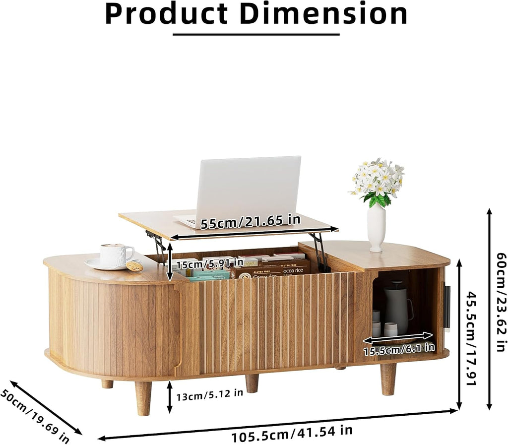 Lift Top Coffee Table, Oval Mid Century Modern Center Table with 3 Hidden Storage, 41' Coffee Tables with Sliding Door and Open Cabinet for Living Room Bedroom Office, Walnut Wood