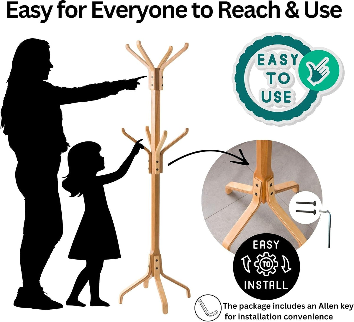 Solid Wood Coat Rack Freestanding, Coat Stands Entryway, Coat Rack Hat Hanger Hook for Jacket, Purse, Scarf Rack, Mid Century Umbrella Tree Stand (8-hook, Natural)