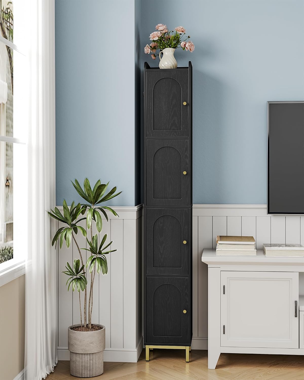 Hzuaneri 4-Tier Narrow Tall Storage Cabinet, Slim Bathroom Storage Cabinet with 4 Adjustable Feet and Shelves, Bathroom Organization for Small Space, Kitchen, Living Room, Laundry Room Black BC43304G