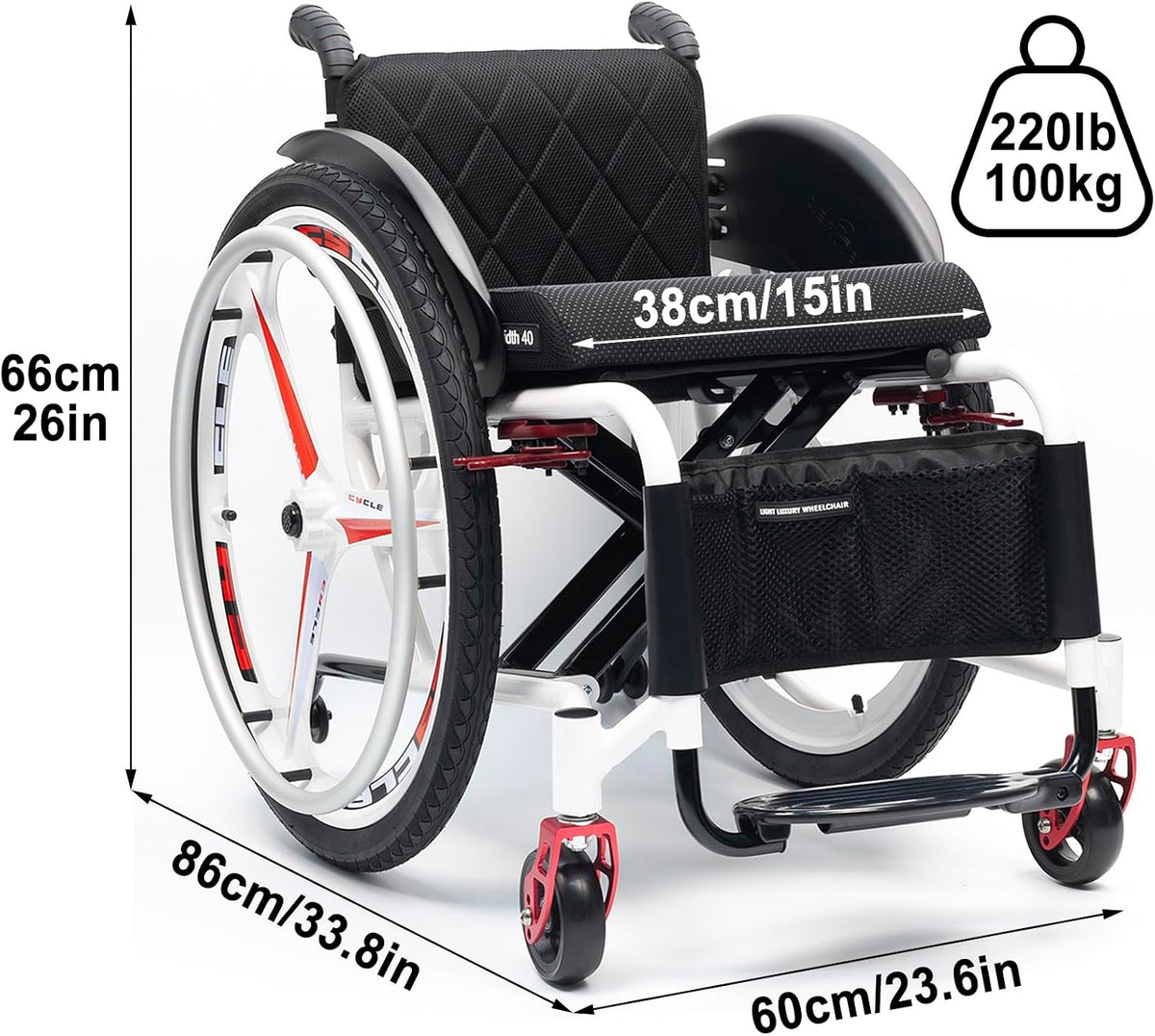 Lightweight Sports Wheelchair,Aluminum Alloy Wheelchair, Transport Wheelchair,Self-propelled Manual Wheelchairs,with Handbrakes and Quick Release Rear Wheels(Soft Backrest,38cm/15in)