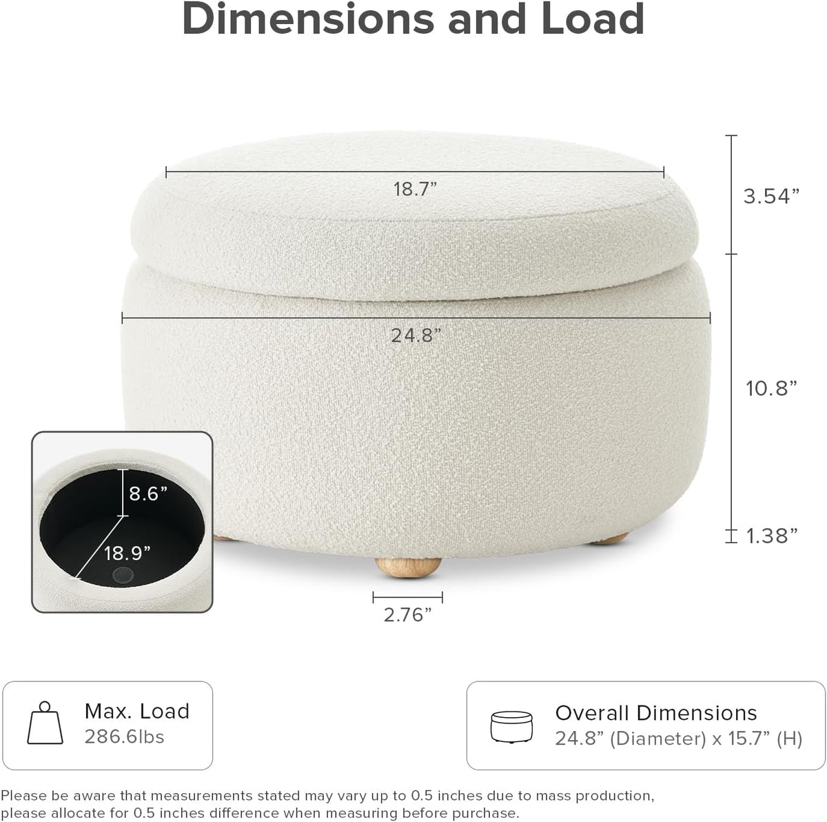 mopio Luna Round Ottoman with Storage and Tray, Round Coffee Table with Storage, Upholstered Foot Stools Ottoman for Living Room, Bedroom, with Solid Rubberwood Legs (Pearl White Performance Boucle)