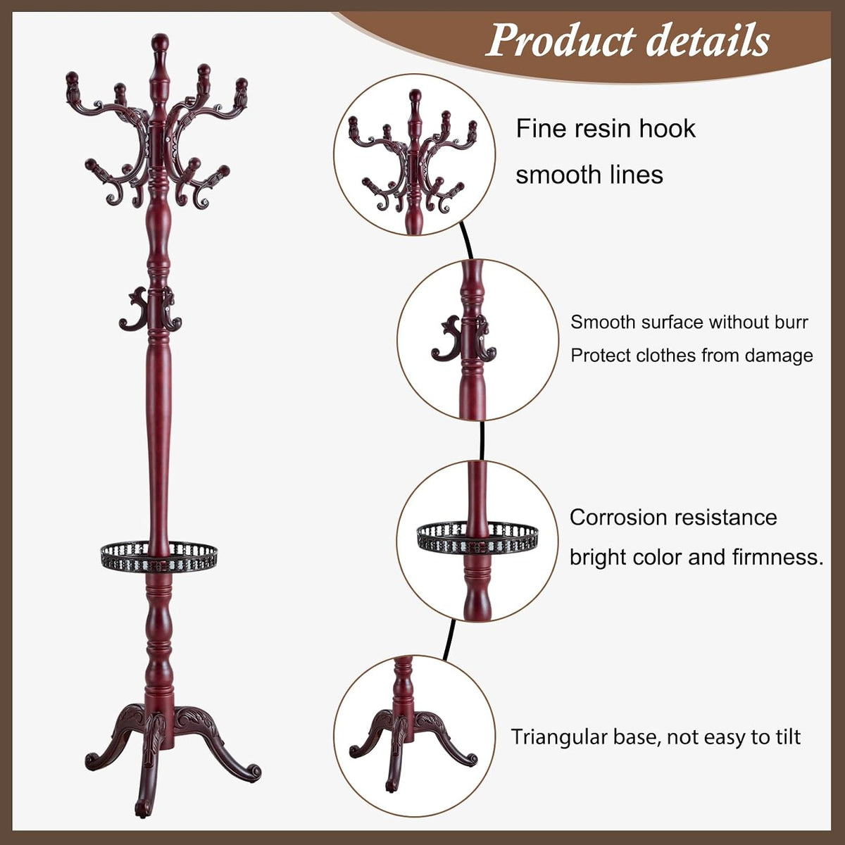 Wooden Coat Rack Freestanding, Vintage Coat Racks with Sturdy Round Base, Adjustable Height 37.40'-72.83' Entrance Coat Rack for Bedroom Living Room Entryway (Rosewood Upgraded version)