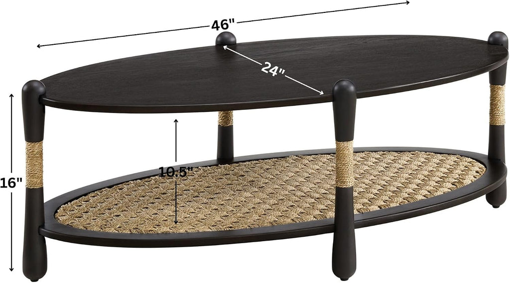 Harbor Oak 46' Oval Oak Wood Coffee Table with Seagrass Accents and Shelf Storage | Coastal Boho Cocktail Table. Black Smoked Oak Finish.