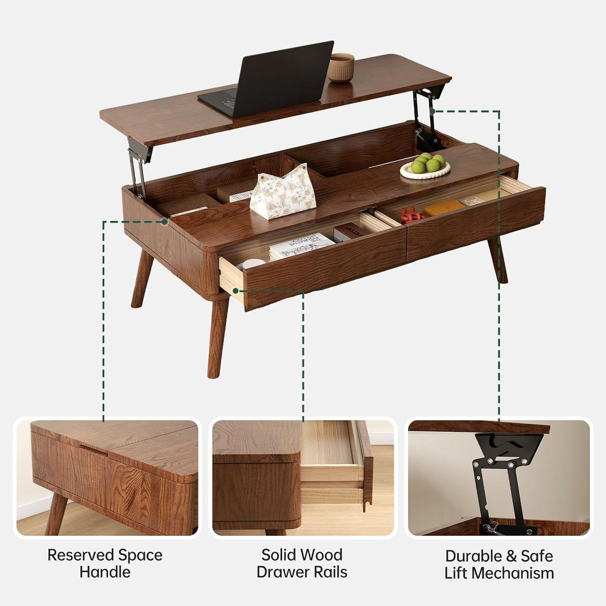 100% Solid Wood Lift Top Coffee Table for Living Room, Mid Century Modern Tables with Drawers and Large Storage, Oak Wood Coffee Tables for Small Spaces (Oak Walnut Color, 47.24'W x 23.62'D x 25.59'H)