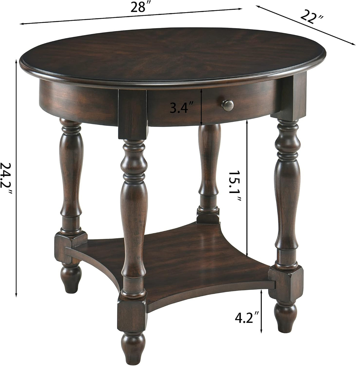 Oval End Table with Drawer, Solid Wood Sofa Side Table with Storage Shelf, Traditional Living Room Corner Table, Nightstand, Easy Assembly 28' x 22' x 24' Retro Walnut CJZ2233DC