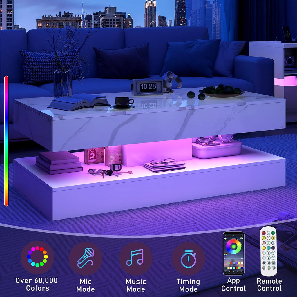 chartustriable 47.2' Large High-Glossy LED Coffee Table with 2 Sliding Drawers, Living Room Storage Coffee Tables with Marbling Print, Modern Stylish Double-Layer Center Tables w/LED Lights, White