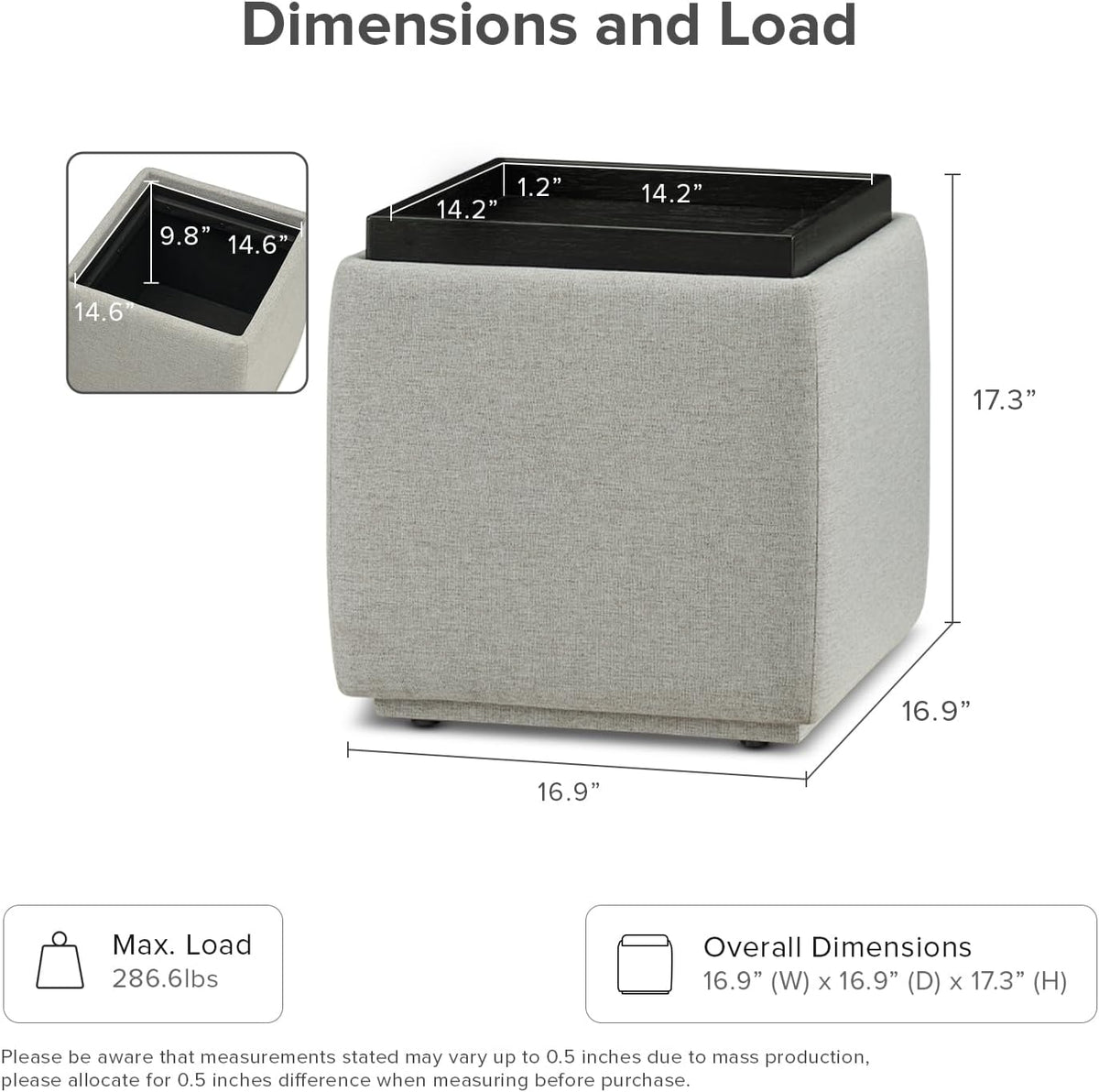 mopio Levi Storage Ottoman with Reversible Tray, Modern Square Chest Coffee Table, Upholstered Cube Sitting Foot Stools Ottoman for Living Room, Bedroom, Entryway (Fabric, Light Gray)