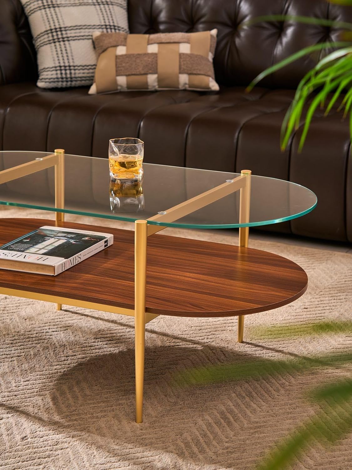 AGV LIGHTING Oval Rectangle Coffee Table with Clear Glass Top, 2 Tier Mid-Century Modern Coffee Table, Walnut MDF Shelf and Glod Metal Legs, Capsule Shape Coffee Table for Living Room, 42 Inch