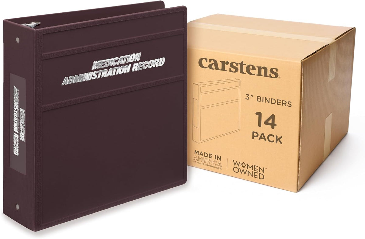 Carstens 3-Inch Heavy Duty Round Ring Binder for Medication Administration Records – Side Opening, Plum, Case of 14, Durable Plastic, No Pockets, Holds 400 Letter Sheets, Made in USA (1813-3RCS)