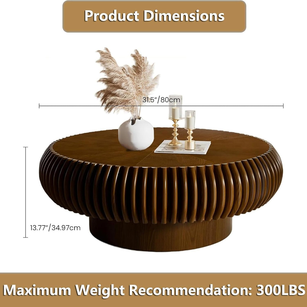 Round Handcraft Fluted Coffee Table with Sturdy Stable Pedestal Modern Luxury Drum Center Table Circle Accent Base Center Tables for Living Room Apartment (O)