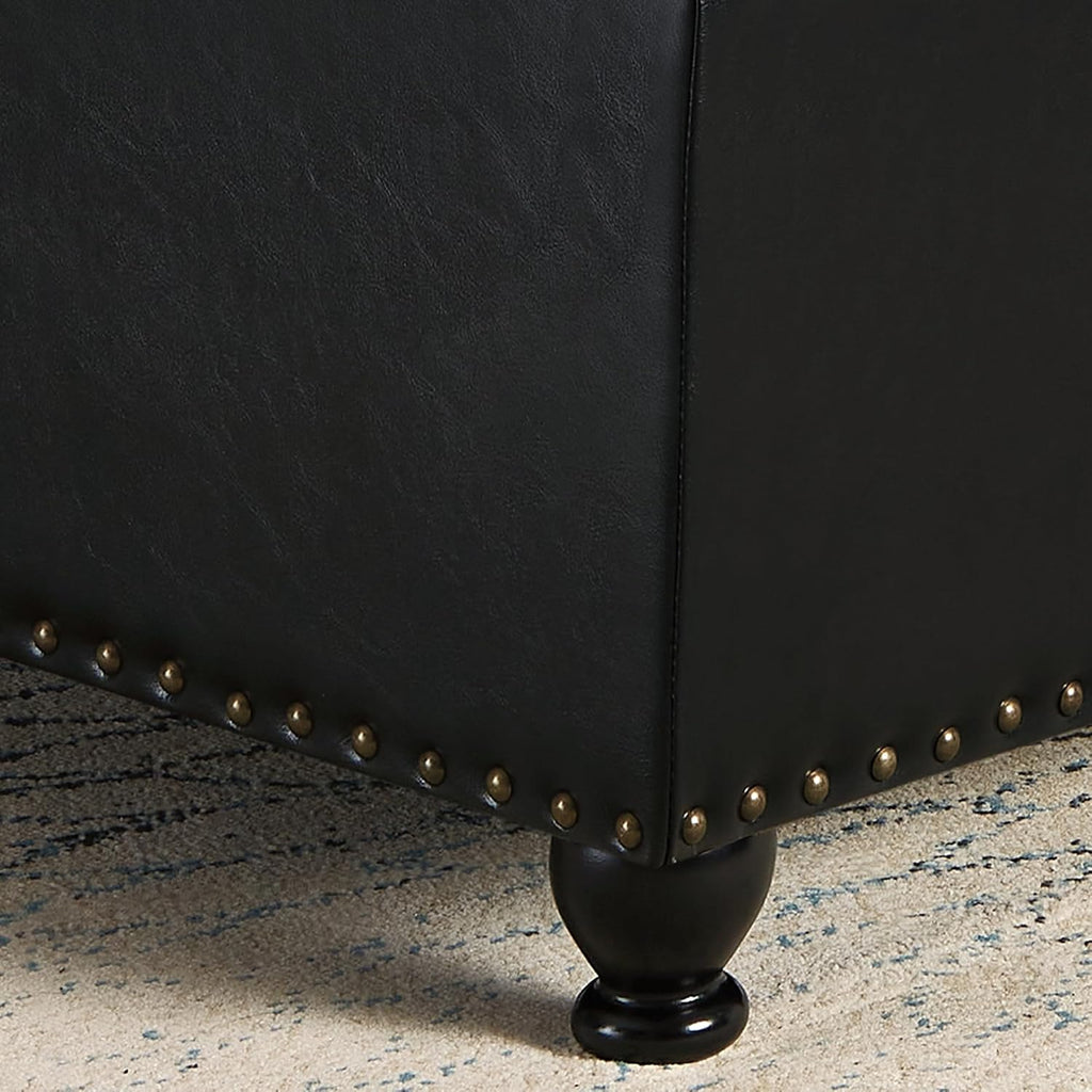 Storage Ottoman Coffee Table, 30 Inch Black Leather Square Ottoman Bench with Storage, Upholstered Tufted Footstool with Nail Trims, Oversized Coffee Table for Living Room, Bedroom