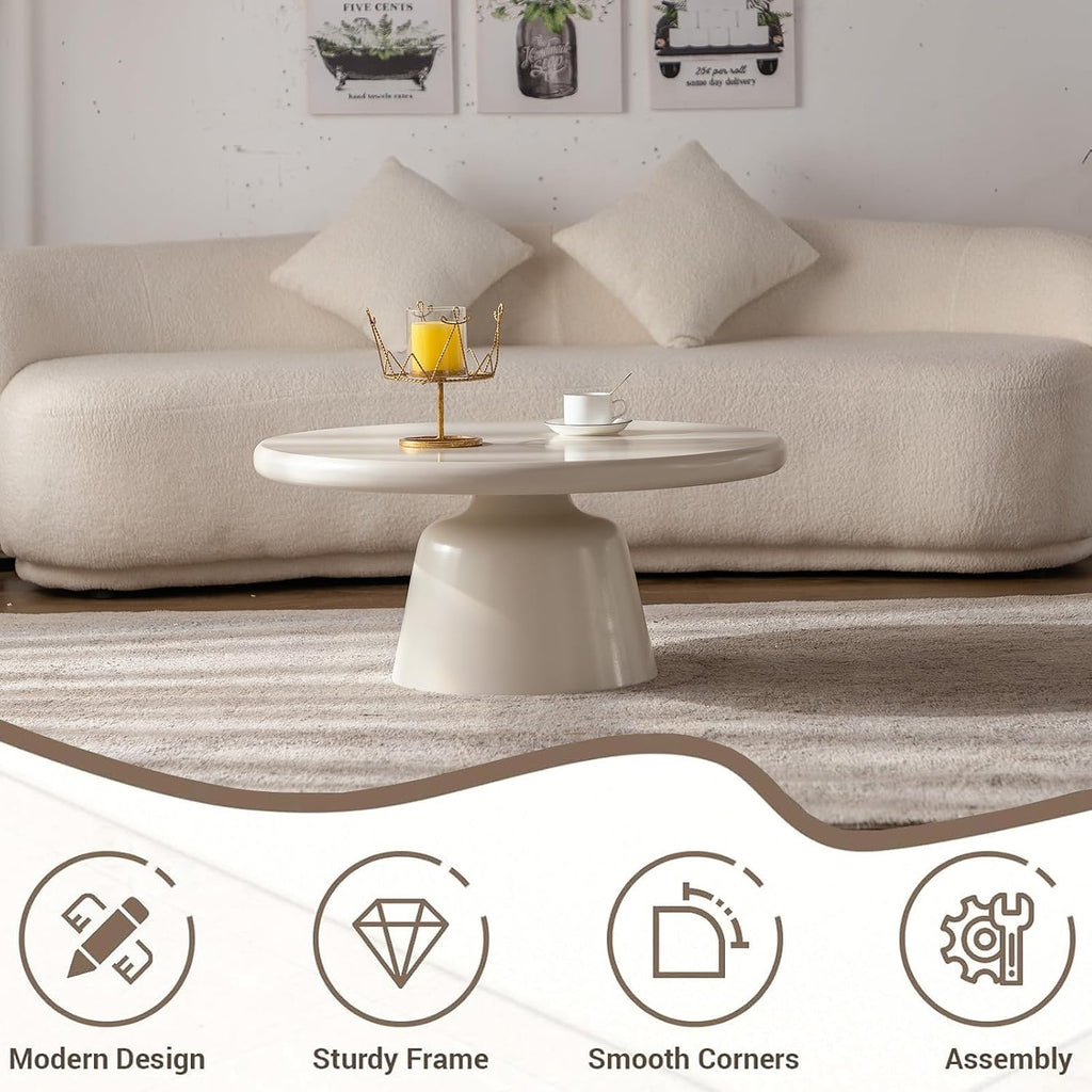 White Round Coffee Table Modern Circle Center Table Circular Coffee Tables with Stable Pedestal, for Living Room, Bedroom, Farmhouse Outdoor Patio (N31.5)