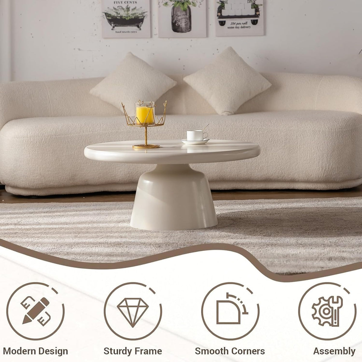 White Round Coffee Table Modern Circle Center Table Circular Coffee Tables with Stable Pedestal, for Living Room, Bedroom, Farmhouse Outdoor Patio (N31.5)
