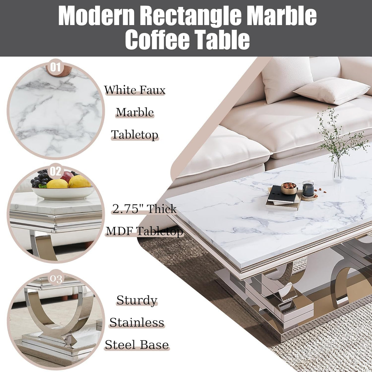 Marble Coffee Table Set of 3, Includes 1 Coffee Table with 2 Square End Side Tables, Luxury 3 Piece Living Room Table Set with White Faux Marble Tabletop & Silver Stainless Steel Base