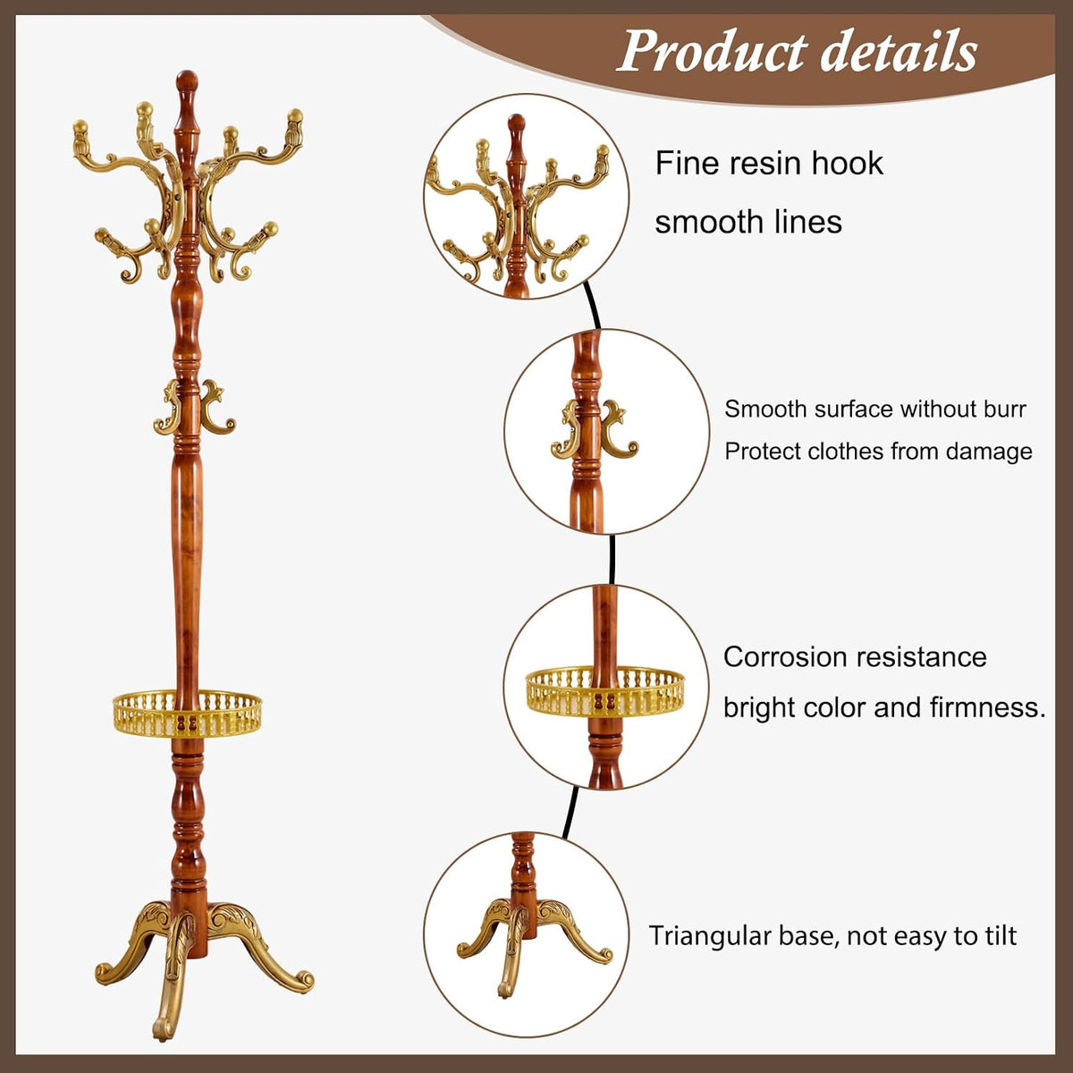 Wooden Coat Rack Freestanding, Vintage Coat Racks with Sturdy Round Base, Adjustable Height 37.40'-72.83' Entrance Coat Rack for Bedroom Living Room Entryway (Begonia Upgraded version)