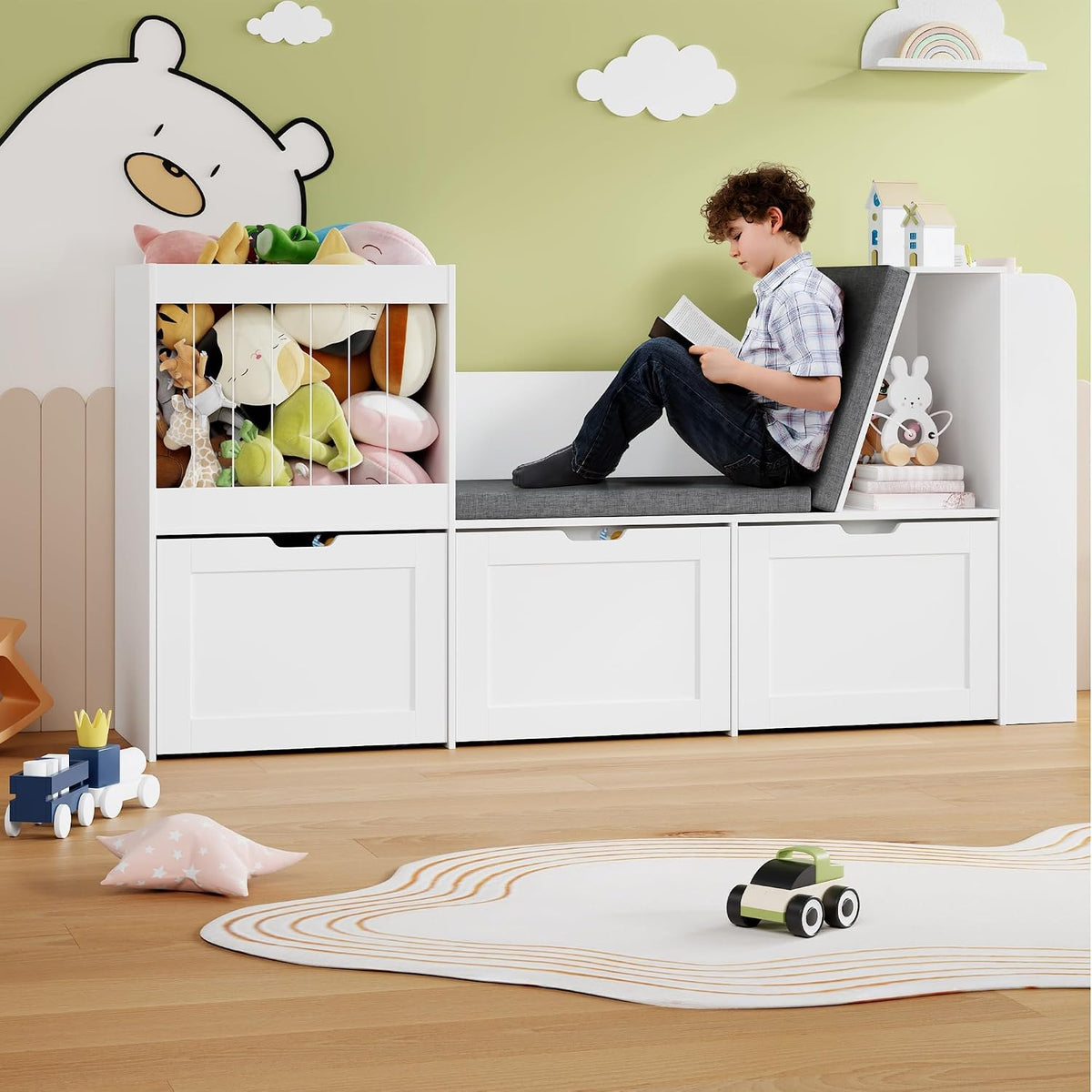66.9' Kids Reading Nook, Toy Storage Organizer with Stuffed Animal Storage, Bench and Removable Cushions, Wooden Toddler Bookshelf with 3 Movable Drawers for Nursery, Playroom (White)