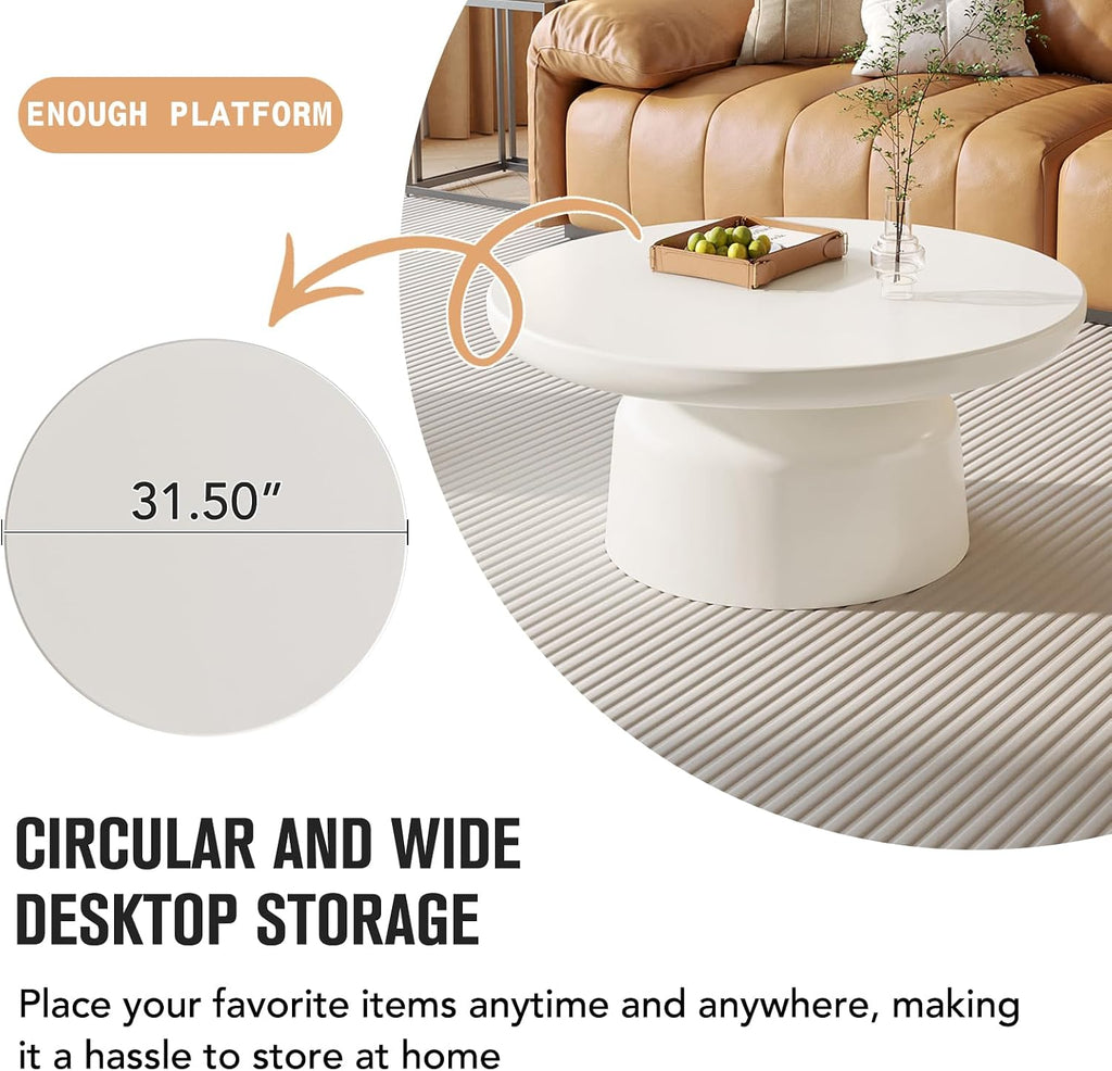 White Center Table, Round Coffee Table, Modern End Table for Living Room, Home Office, Easy Assembly