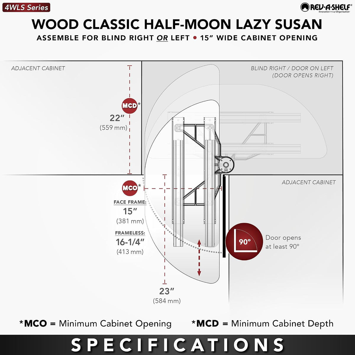 Rev-A-Shelf 35' Dual Shelf Half Moon Lazy Susan Organizer for Diagonal Blind Corner Kitchen Cabinets, Pullout Turntable Trays, Wood, 4WLS882-35-570