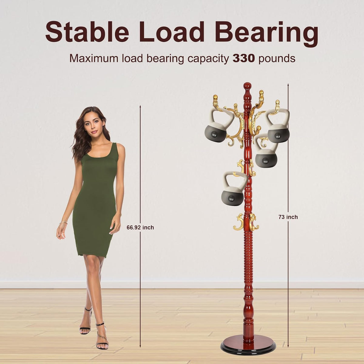 Solid Wood Coat Rack – 73' Freestanding Coat Racks Stand with 14 Hooks & Stable Base, Adjustable Height Modern Wooden Hall Tree for Entryway, Bedroom, Office, Home (Begonia Round)