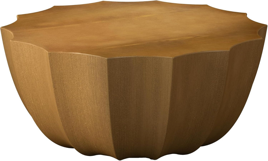 ø35.43'' Faux Stone Coffee Table for Living Room & Outdoor, Faux Concrete Cement Round Circle Drum Coffee Table, MGO Material for Waterproof, No Assembly, Wood