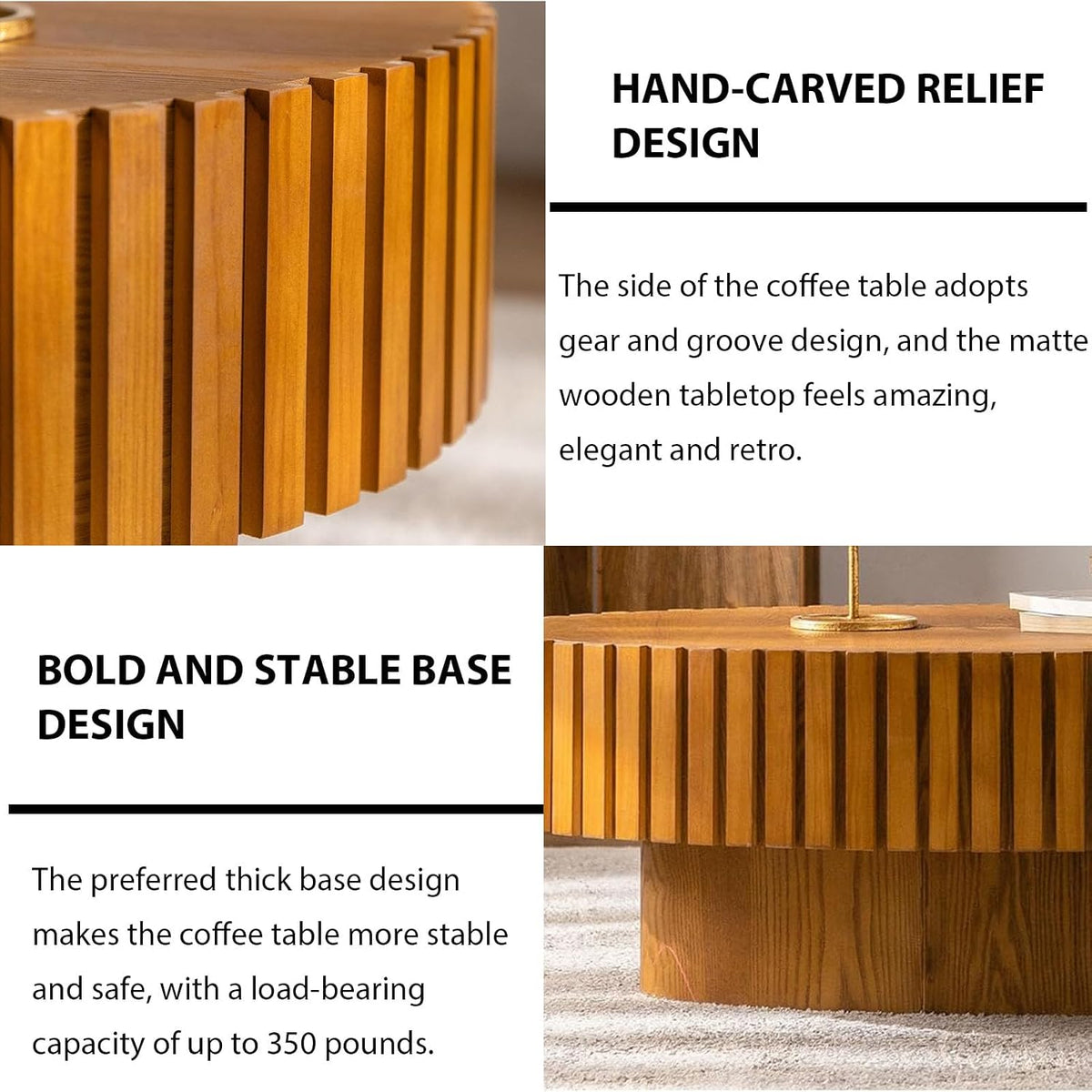 JHKZUDG Modern Wood Coffee Table Handcrafted Fluted Drum Coffee Tables Wooden Oval Center Table with Sturdy Pedestal for Living Room Apartment,Oval Wood