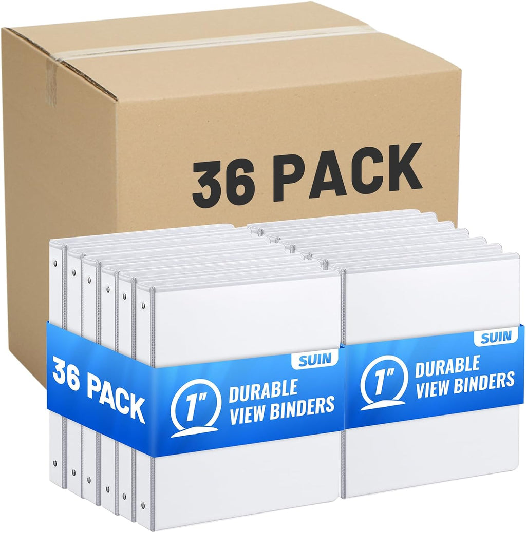 SUIN 3 Ring Binder Bulk 36 Packs -Premium 1'' Binders with Roung Ring Binder, Large 200 Sheet Capacity, Fit 8.5' x 11' US Letter Size Paper, White (1'' White - 36 Packs)