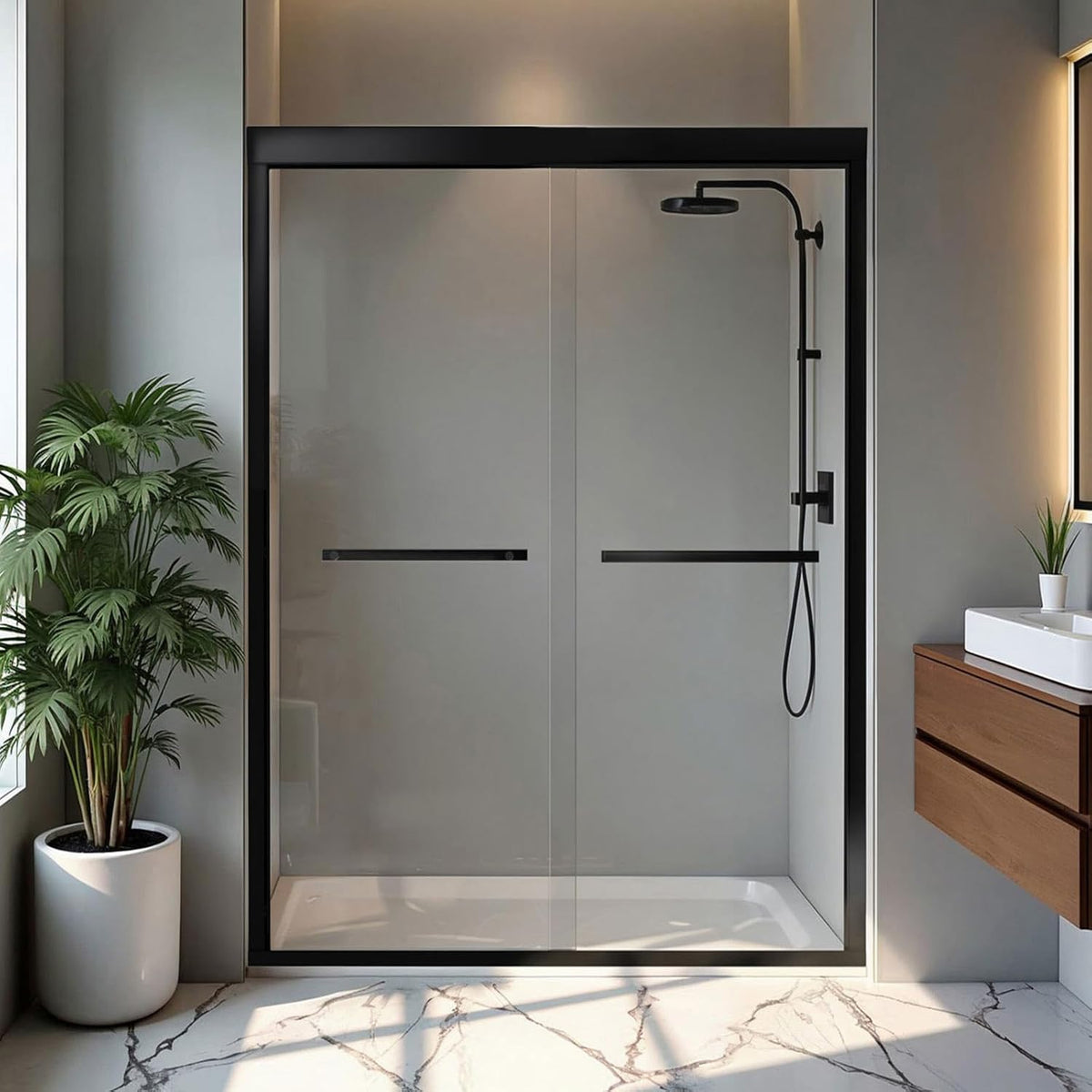 Shower Door 50-54' W x 72' H, Semi-Frameless Sliding Glass Shower Door, 1/4' (6mm) SGCC Tempered Glass Bathroom Sliding Door, Matte Black Finish, 304 Stainless Steel Hardware