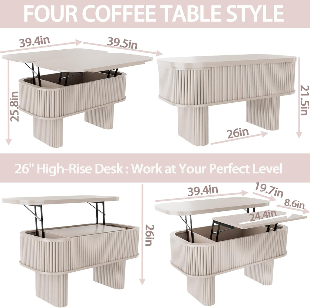 Lifting Coffee Table for Living Room，26-Inch Lift that Converts to Dining Table，3 in 1 Pull Out Coffee Table with Storage，Oval Wood Center Table, Space-Saving for Eating & Laptops