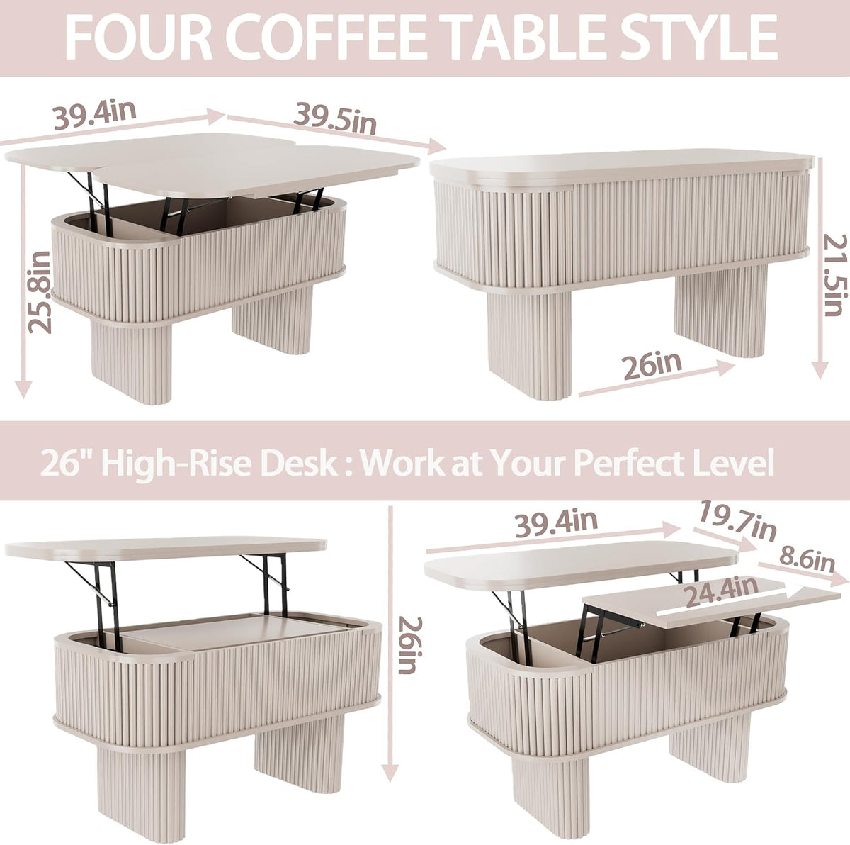 Lifting Coffee Table for Living Room，26-Inch Lift that Converts to Dining Table，3 in 1 Pull Out Coffee Table with Storage，Oval Wood Center Table, Space-Saving for Eating & Laptops