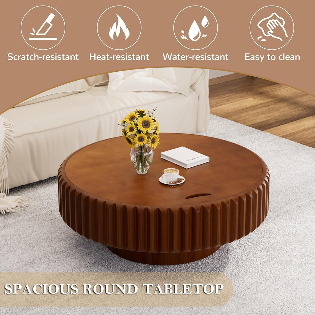 Round Drum Fluted Coffee Table with Storage for Living Room Modern Circle Coffee Table with Pedestal Center Tables Fluted Accent Tea Tables for Apartment Living Room (L31.5IN)